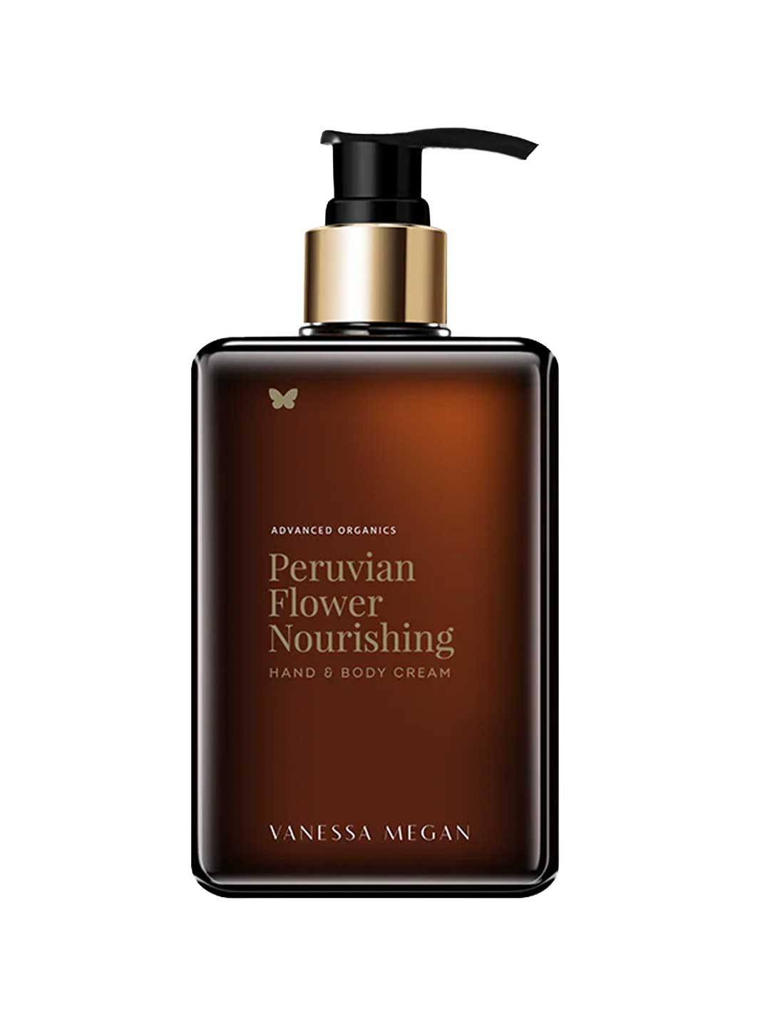 A brown pump bottle of Vanessa Megan Peruvian Flower Nourishing Hand & Body Cream 280ml, with gold text and a butterfly icon, is displayed as a luxurious vegan body cream against a white background.