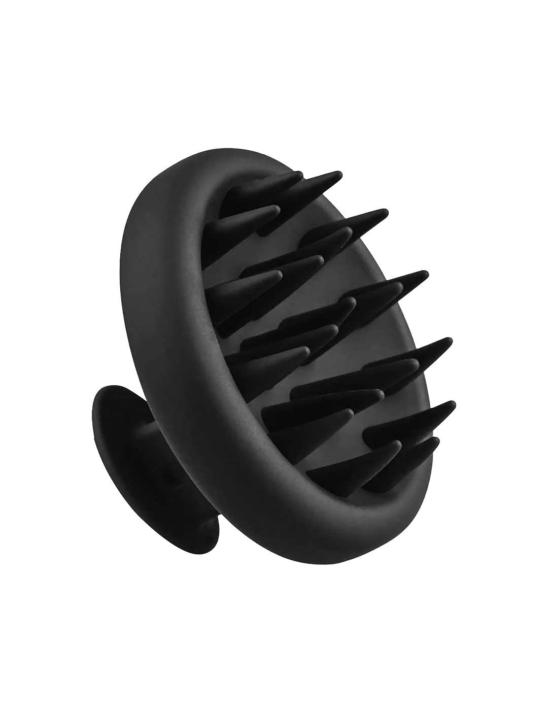 The Vanessa Megan Scalp Massager features black silicone bristles, a round handle, and multiple flexible tips in a circular pattern—ideal for shower use to support healthy hair.