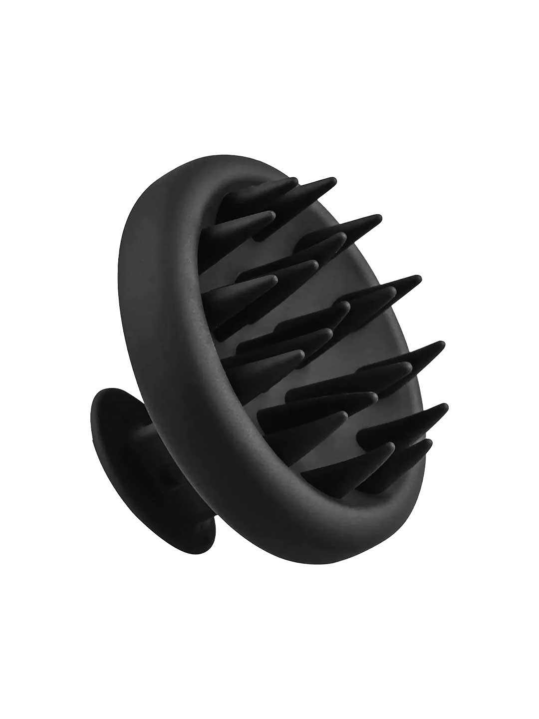 The Vanessa Megan Scalp Massager features black silicone bristles, a round handle, and multiple flexible tips in a circular pattern—ideal for shower use to support healthy hair.