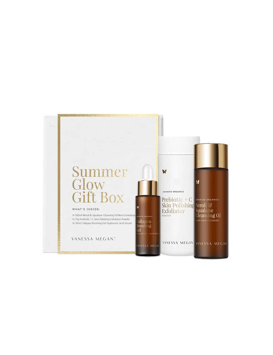 The Vanessa Megan Summer Glow Gift Pack includes three natural skincare essentials—a dropper bottle, a cylindrical bottle, and a white exfoliator container with collagen boosting gel—displayed in front of a chic white and gold box.