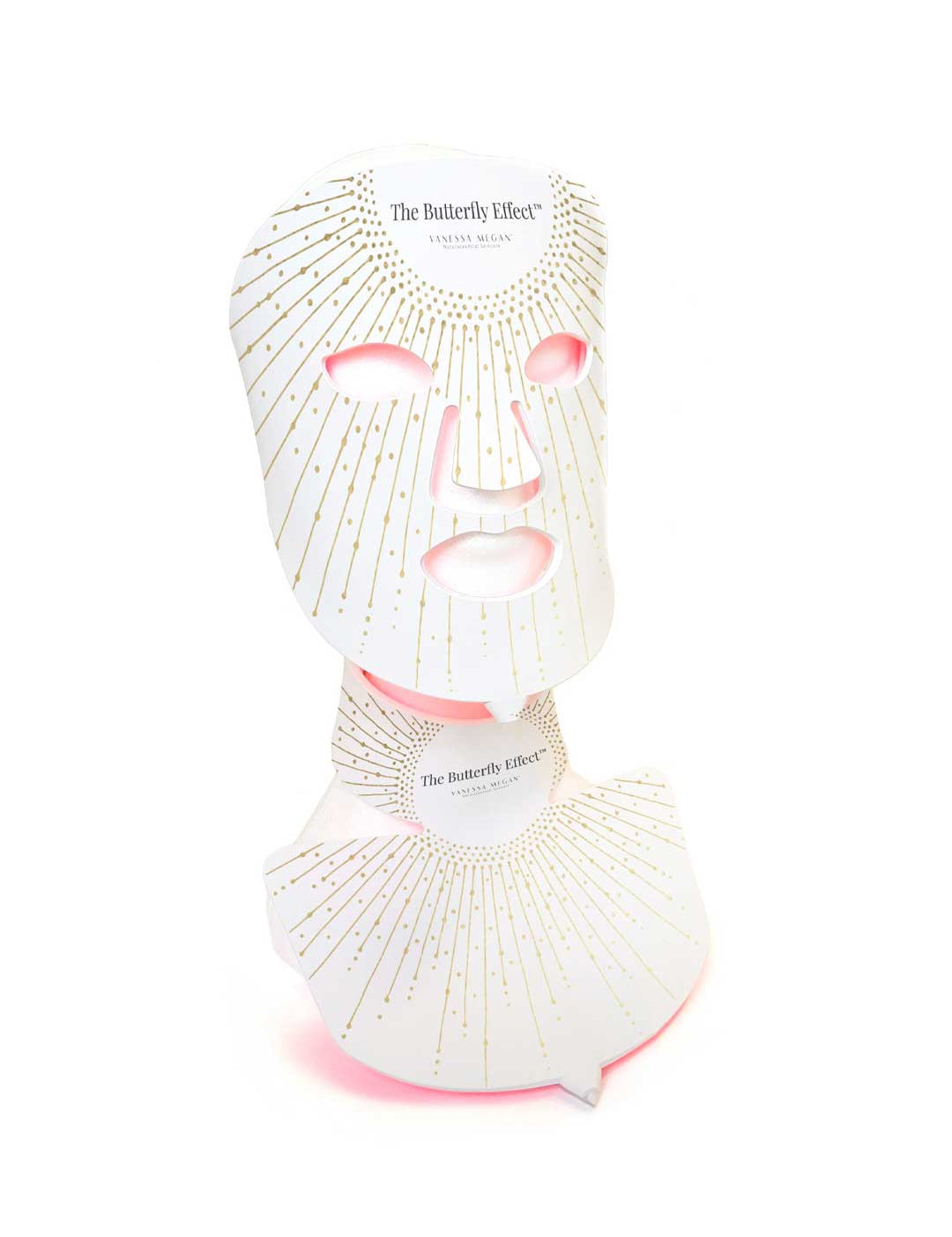 The Vanessa Megan The Butterfly Effect Medical-Grade Silicone LED Face & Neck Mask Set, in white and gold, covers the face and neck on a mannequin. Gold dotted lines radiate outward, evoking a luxurious at-home skincare experience.