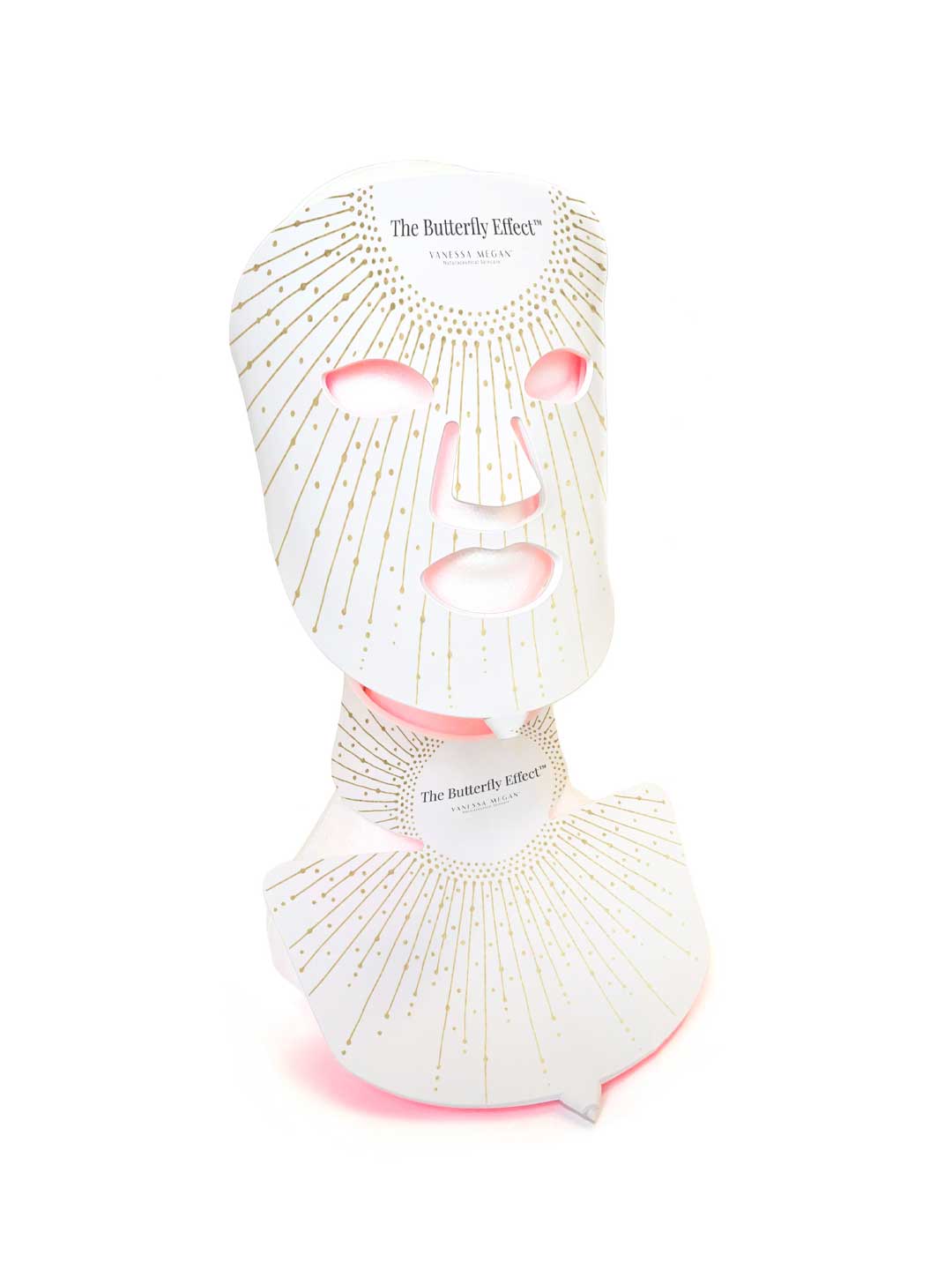 The Vanessa Megan The Butterfly Effect Medical-Grade Silicone LED Face & Neck Mask Set, in white and gold, covers the face and neck on a mannequin. Gold dotted lines radiate outward, evoking a luxurious at-home skincare experience.