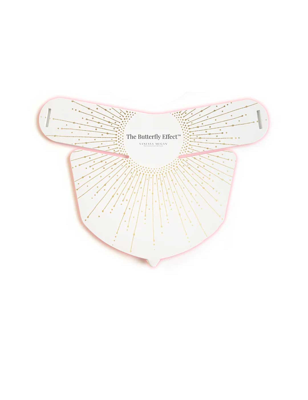 The Vanessa Megan The Butterfly Effect Medical-Grade Silicone LED Neck Mask features a white, abstract butterfly-shaped design with gold dotted lines, trimmed in pink for a chic look—perfect for at-home skincare treatments.