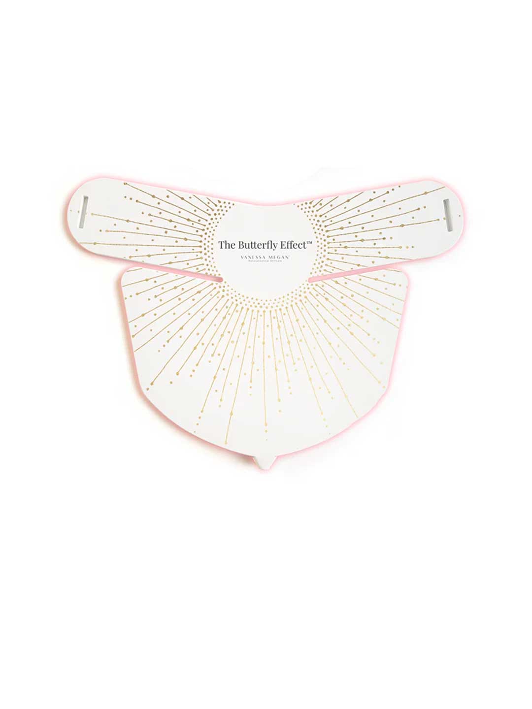 The Vanessa Megan The Butterfly Effect Medical-Grade Silicone LED Neck Mask features a white, abstract butterfly-shaped design with gold dotted lines, trimmed in pink for a chic look—perfect for at-home skincare treatments.
