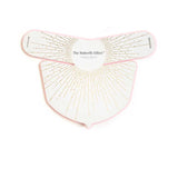 The Vanessa Megan The Butterfly Effect Medical-Grade Silicone LED Neck Mask features a white, abstract butterfly-shaped design with gold dotted lines, trimmed in pink for a chic look—perfect for at-home skincare treatments.