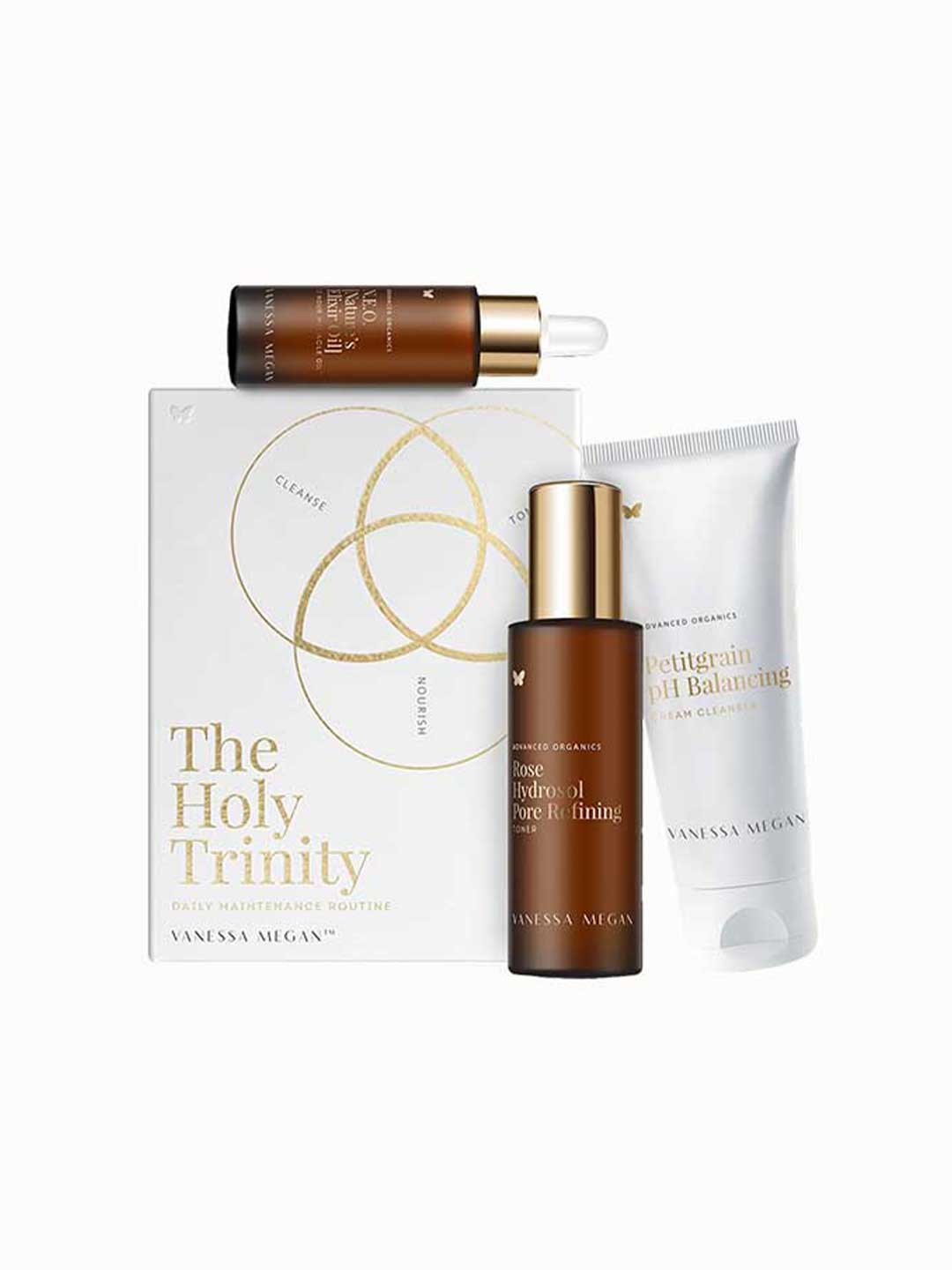 Vanessa Megan The Holy Trinity Daily Maintenance Full Routine is a plant-based skincare set in a gold-accented box, featuring a dropper bottle, spray bottle, and Petitgrain pH Balancing tube to elevate your daily routine.