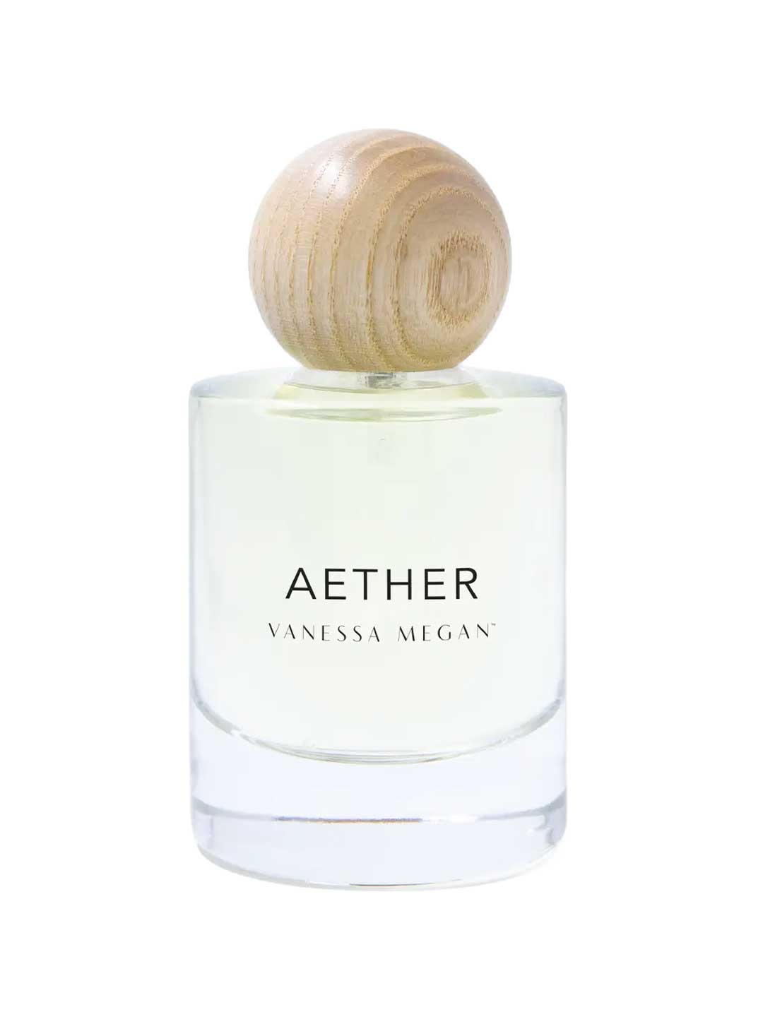 A clear glass bottle labeled Vanessa Megan Aether 100% Natural Eau de Parfum 50ml, with light yellow perfume and a round light wood cap, handcrafted in Australia, sits against a white background.