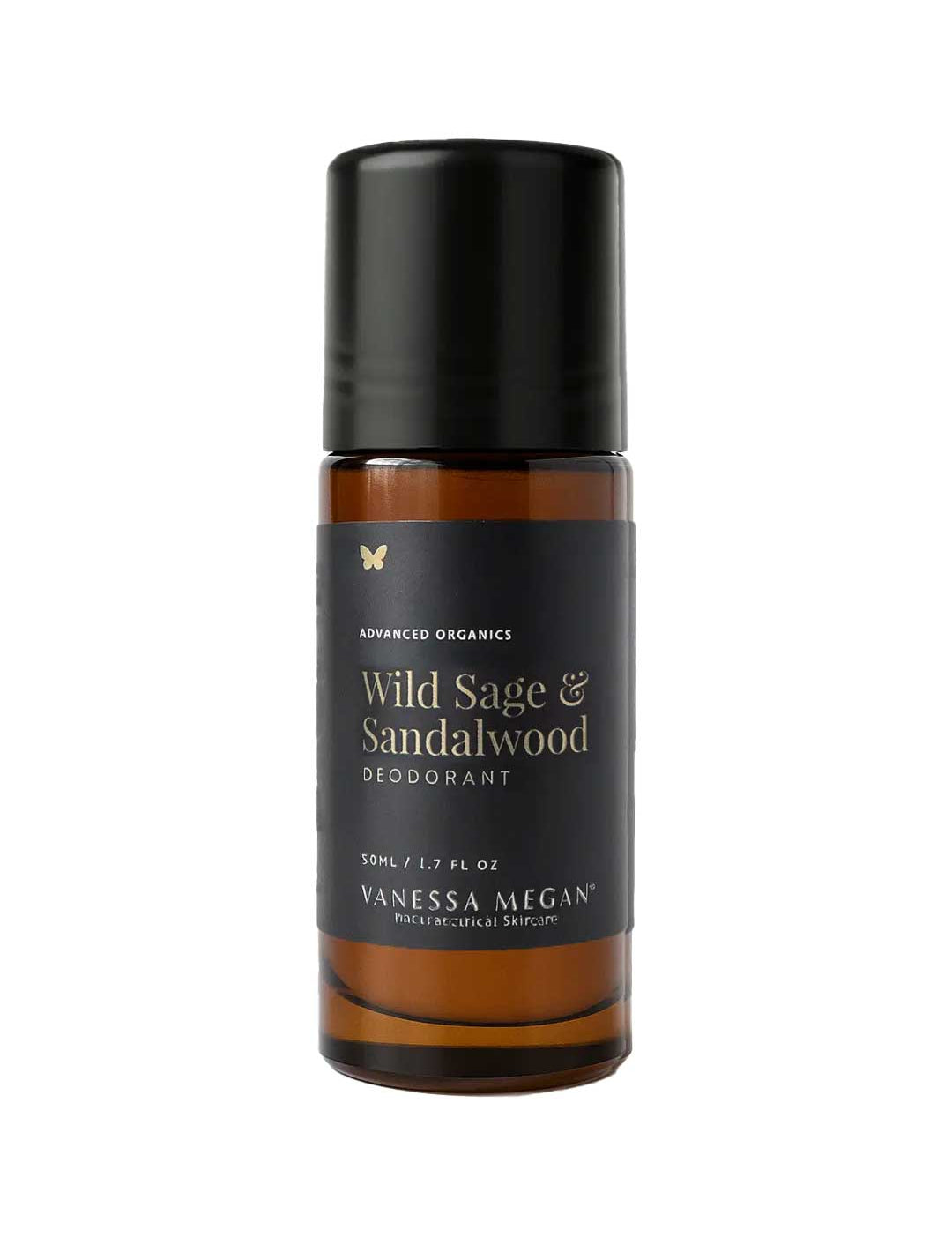 Vanessa Megan natural roll-on deodorant in Wild Sage & Sandalwood scent, aluminum-free formula in glass bottle, 50ml
