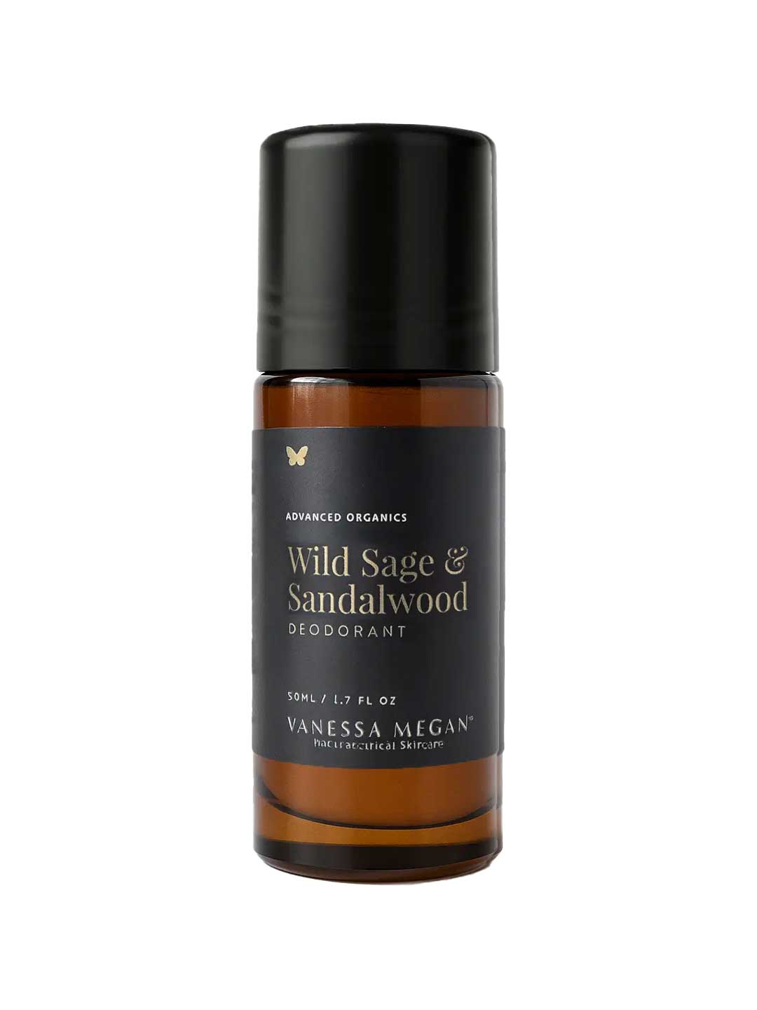 Vanessa Megan natural roll-on deodorant in Wild Sage & Sandalwood scent, aluminum-free formula in glass bottle, 50ml
