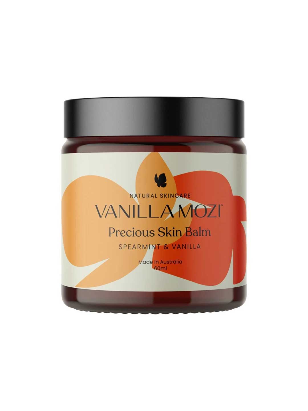 A 60ml jar of Vanilla Mozi Organic Precious Skin Balm, made in Australia with spearmint and vanilla, features a minimalist cream label with abstract orange and red leaves.