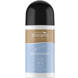 A 70ml Biologika Certified Organic Roll On Deodorant - Vanilla Kiss, featuring a beige and blue label, black cap, and text stating it's organic, aluminium-free, natural, biodegradable, sulfate-free vanilla deodorant.