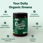 A container of Vital Organic Greens Blend 200g is displayed centrally. Text highlights its benefits: rich in phytonutrients, supports detoxification and immune health, and is certified organic.