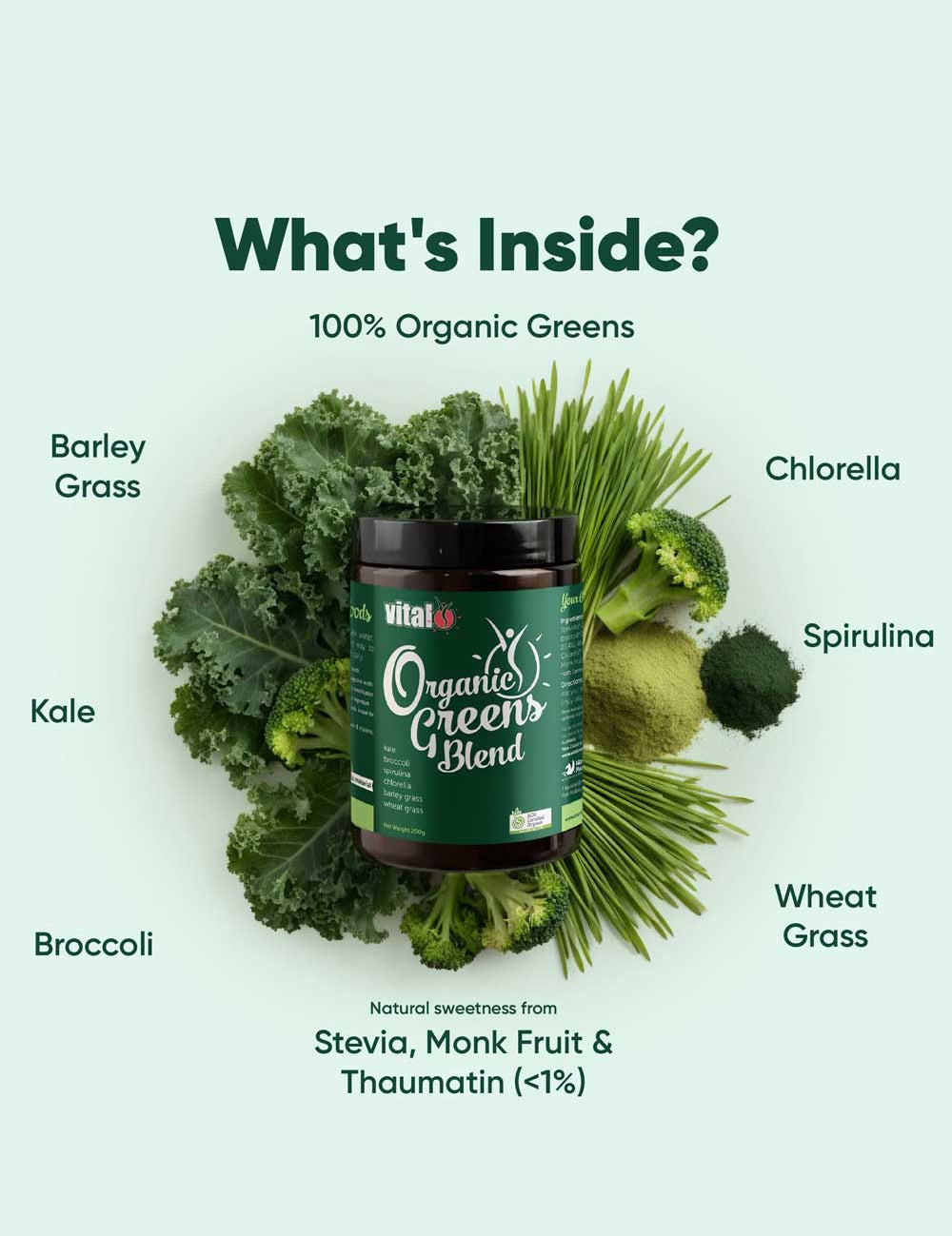 A container of Vital Organic Greens Blend 200g sits among fresh barley grass, chlorella, spirulina, wheat grass, broccoli, and kale. Text highlights immune system support from organic ingredients and natural sweeteners.