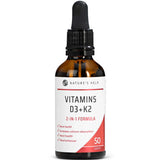 A brown glass dropper bottle labeled Nature's Help D3 and K2 - Bone & Heart Health, promoting bone and heart support, calcium absorption, and 50 servings indicated at the bottom.