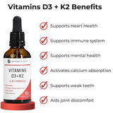 A bottle of Nature's Help D3 and K2 - Bone & Heart Health with benefits listed: supports heart, immune system, bone health; activates calcium absorption; helps weak teeth and joint discomfort.