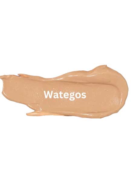 A smear of Eco Minerals Mineral BB Cream 32ml with a natural finish is shown on a white background, featuring the word Wategos in white letters across the center.
