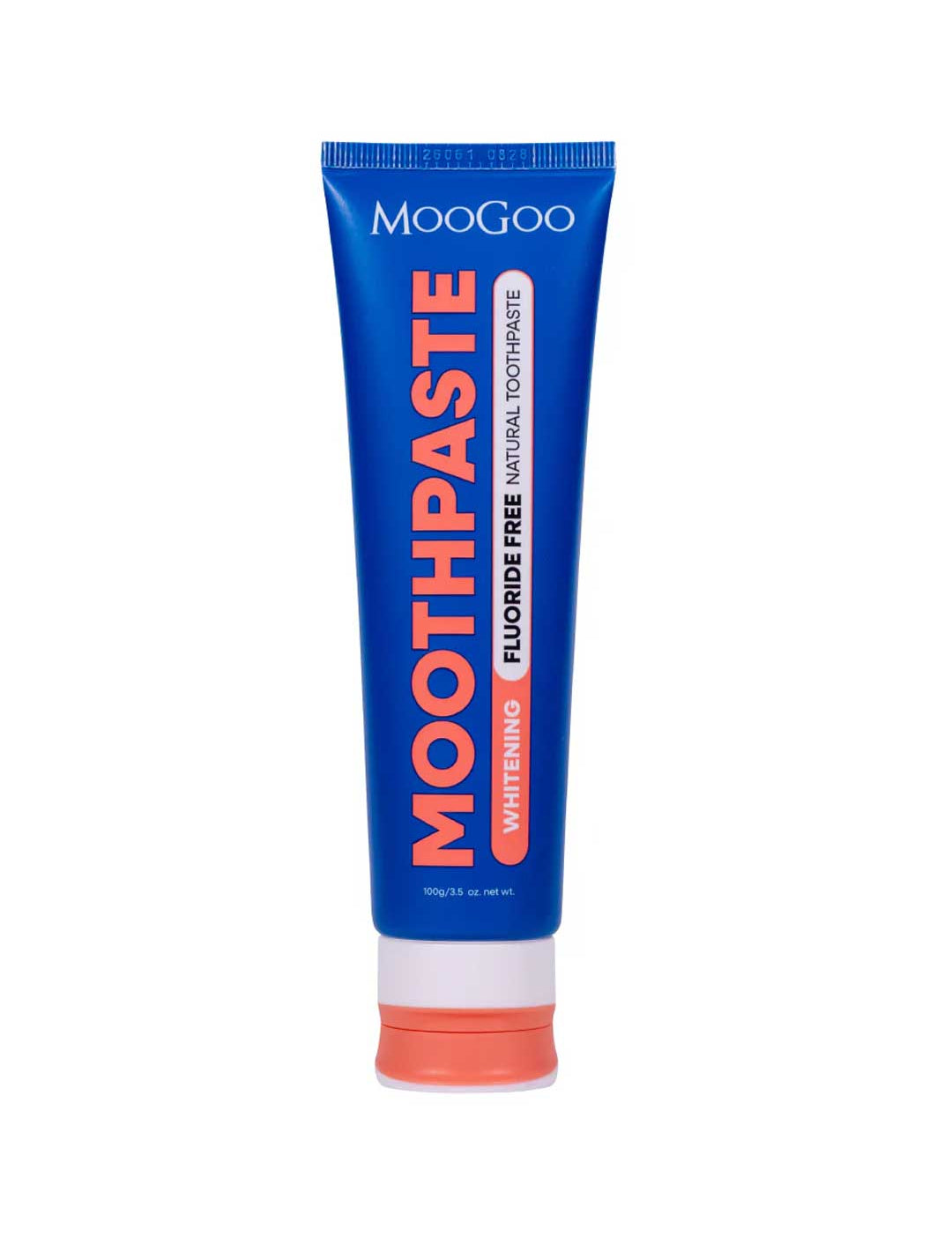 A tube of MooGoo Watermelon & Mint Moothpaste - Fluoride Free 100g, featuring orange and white text on a blue label, marketed as a natural remineralising whitening toothpaste.
