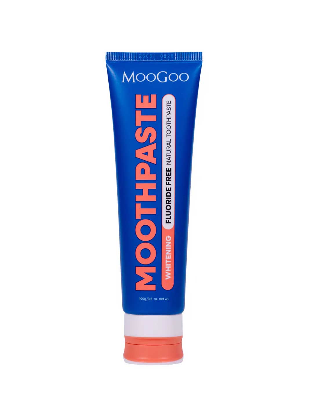 A tube of MooGoo Watermelon & Mint Moothpaste - Fluoride Free 100g, featuring orange and white text on a blue label, marketed as a natural remineralising whitening toothpaste.
