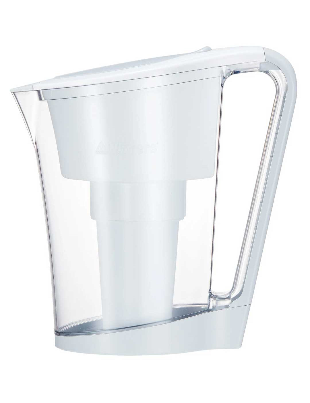The Waters Co AceBio+ 1.0L Water Filter Jug is a white and clear plastic jug with handle, designed for fluoride removal, shown in profile on a plain white background.