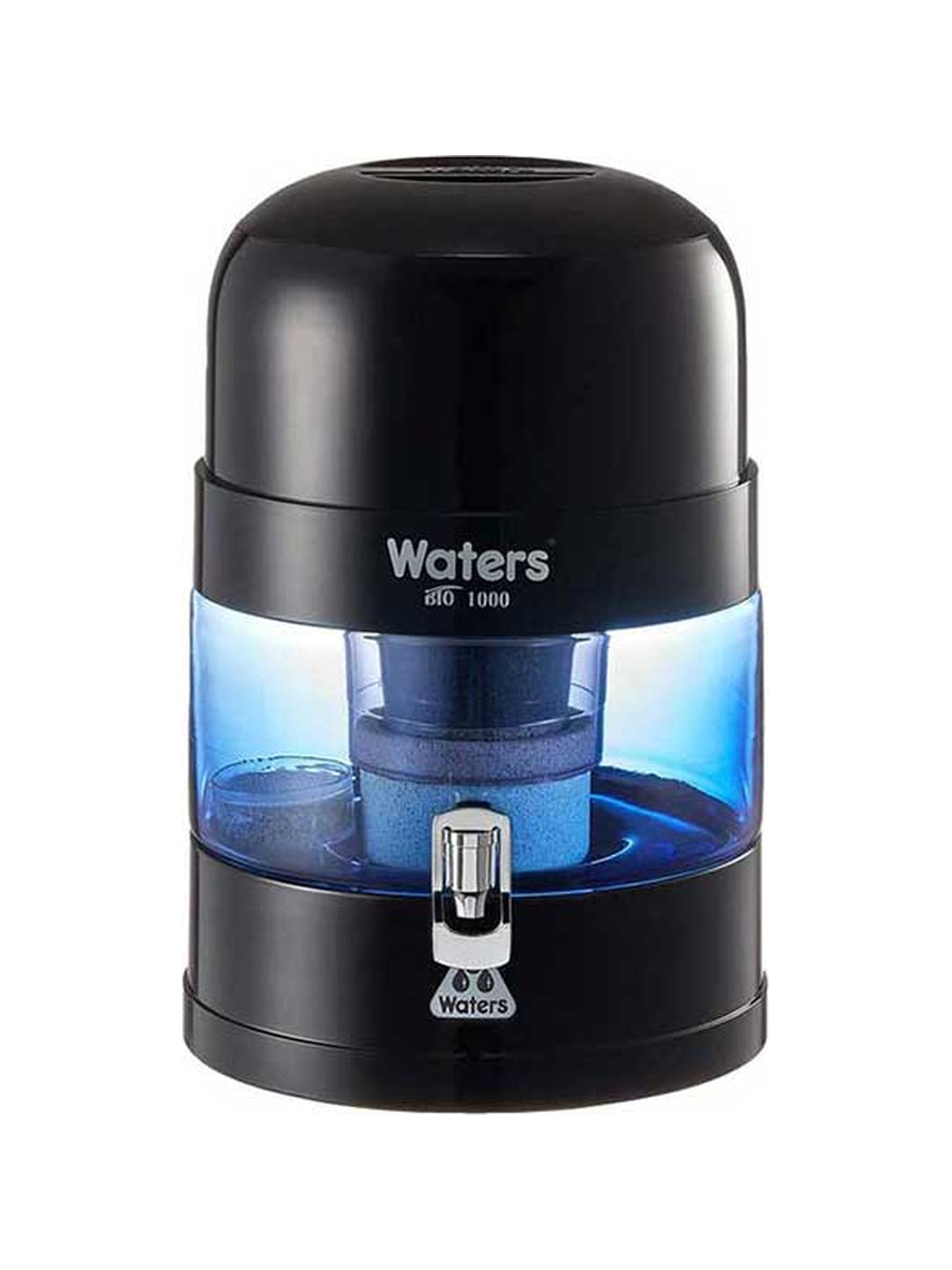 Waters Co BIO 1000 black 10 litre benchtop water filter on a white background