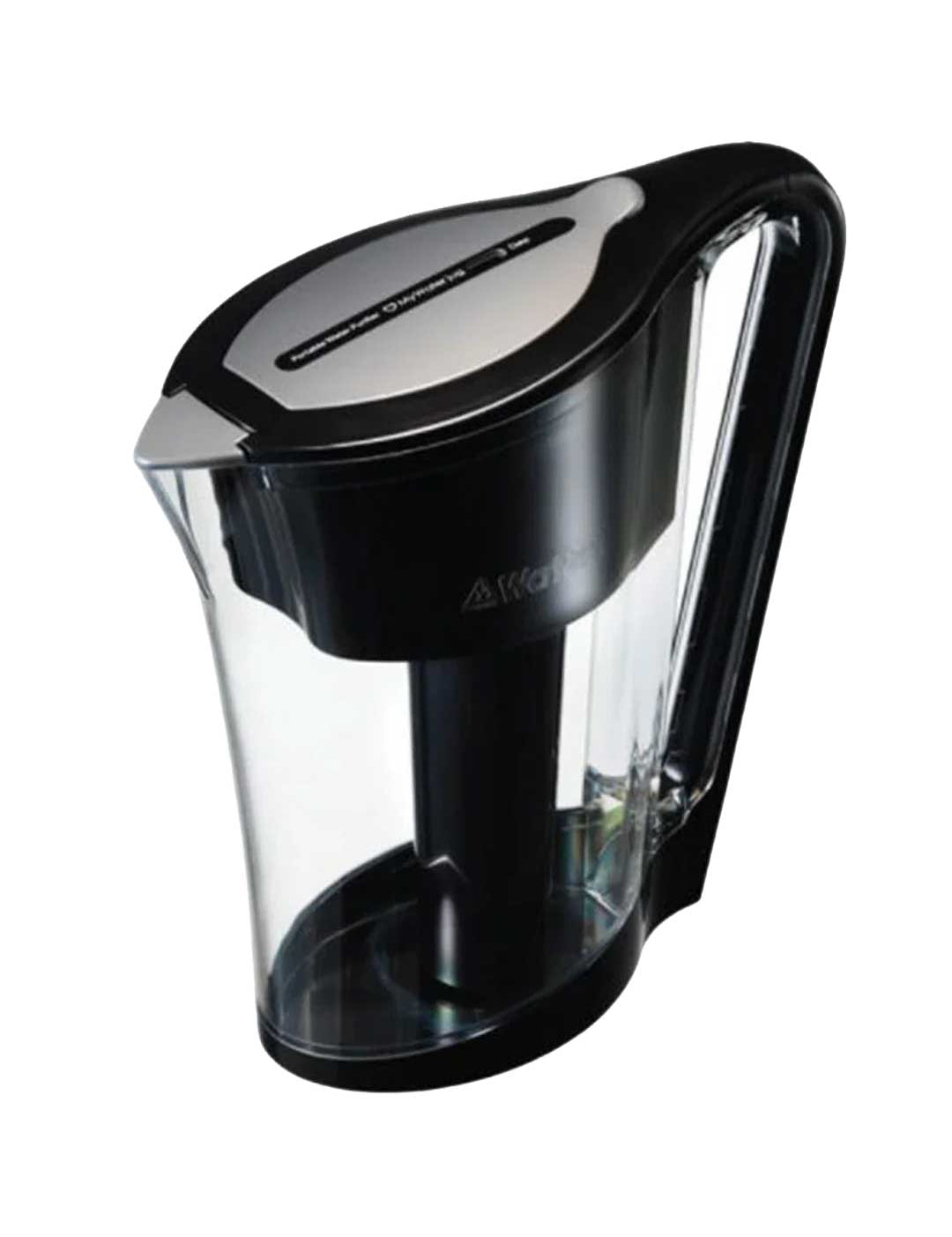 The Waters Co MyWaterJug 1.5L Water Filter Jug is a black and transparent pitcher with a handle, side view, equipped with a lid and internal filter unit for remineralised water.