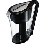 The Waters Co MyWaterJug 1.5L Water Filter Jug is a black and transparent pitcher with a handle, side view, equipped with a lid and internal filter unit for remineralised water.