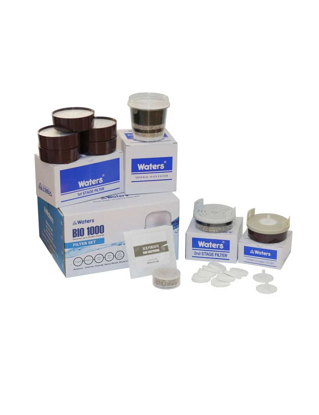 The Waters Co Bio 1000 replacement filter set with prefilters, carbon resin filters, main filter and mineral cartridge for the Bio 1000 bench top water filter.