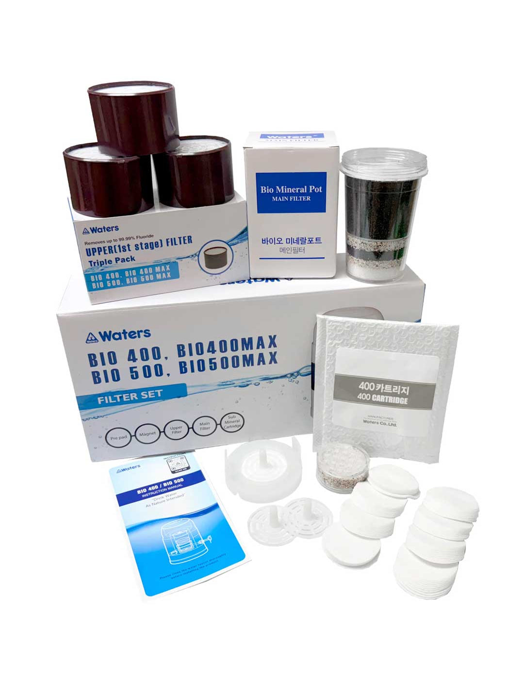 The Waters Co Bio 400/500 18 month replacement filter set with prefilters, first stage filters, main filter and mineral cartridge.