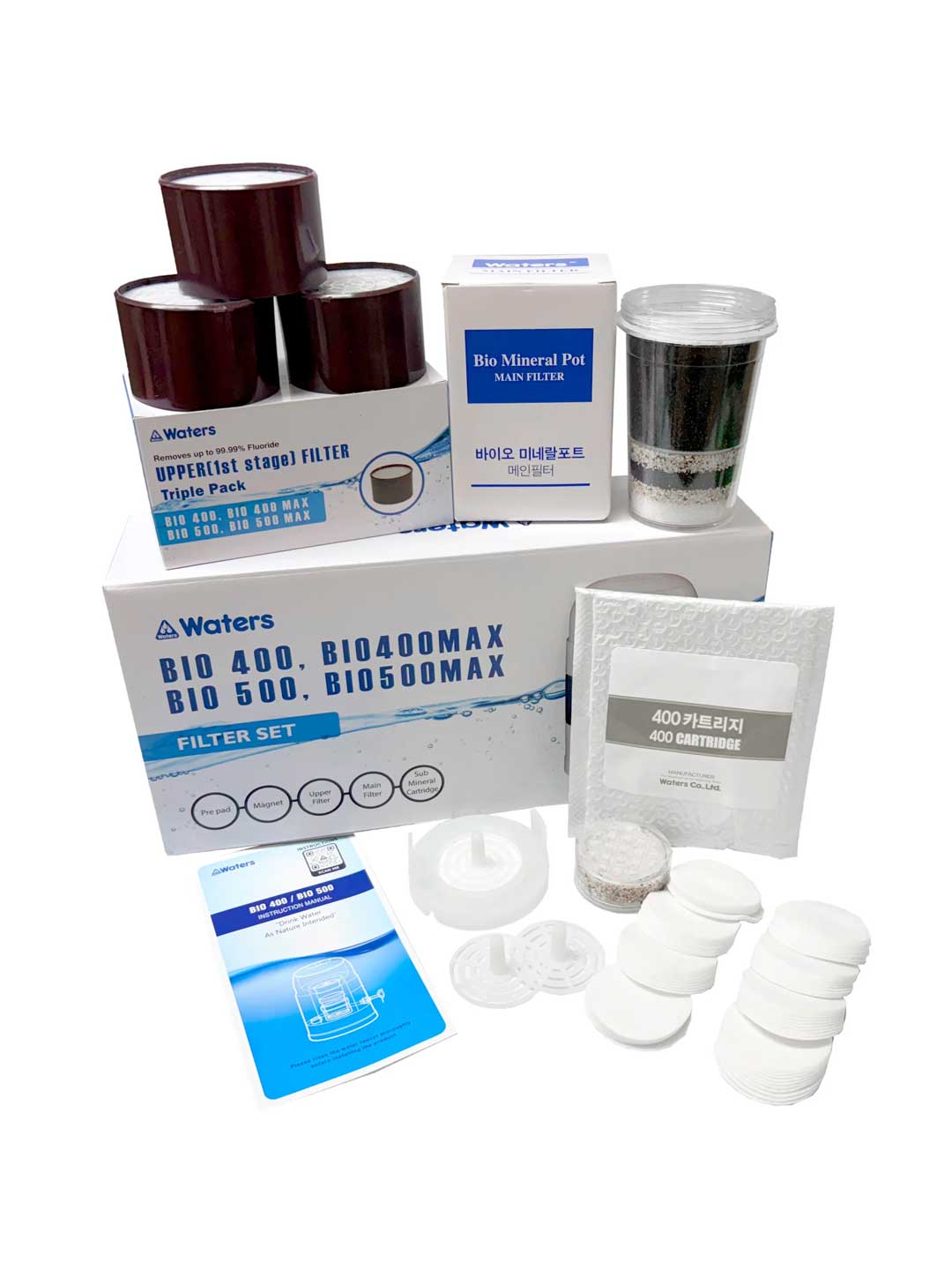The Waters Co Bio 400/500 18 month replacement filter set with prefilters, first stage filters, main filter and mineral cartridge.