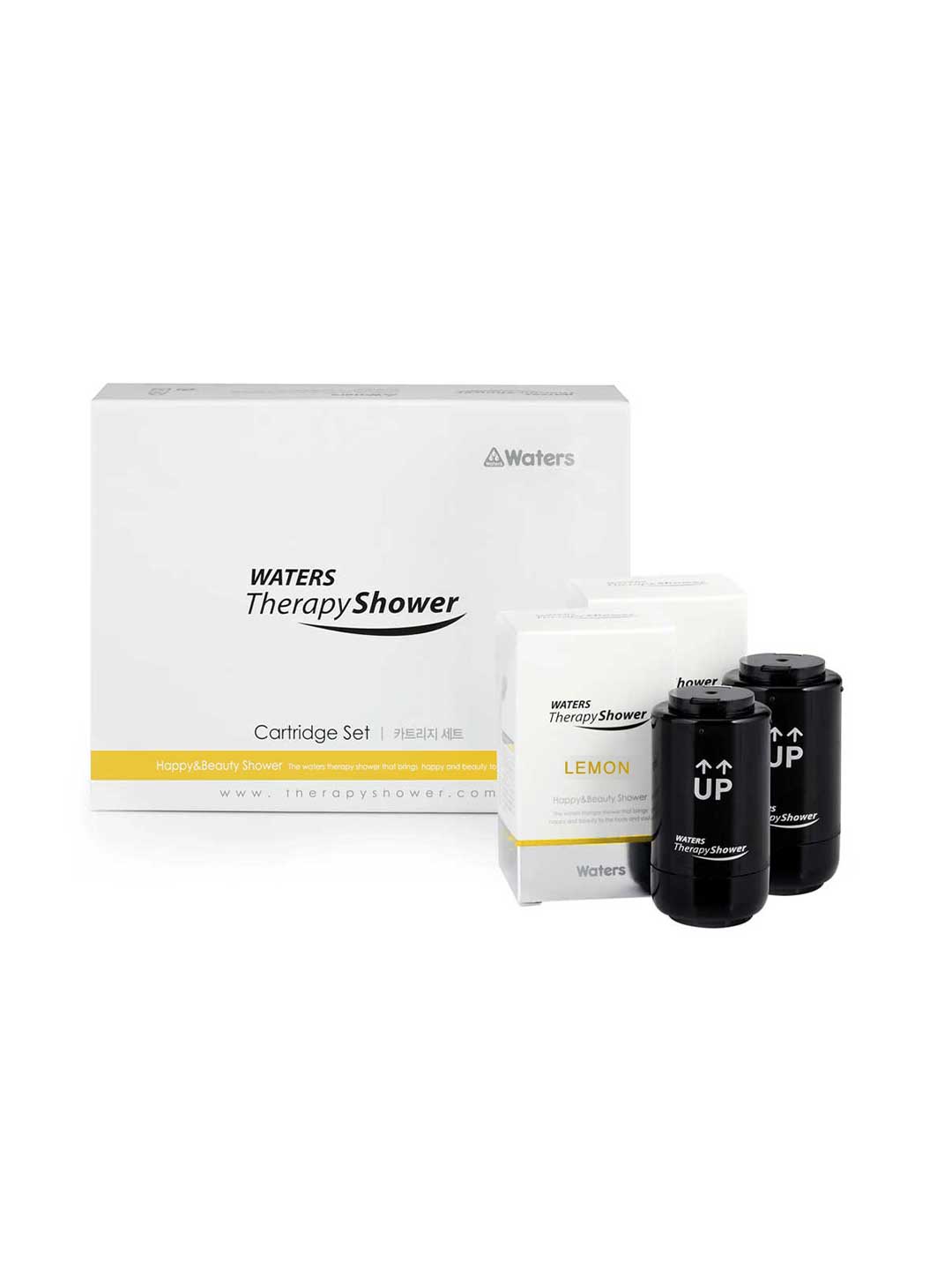 Waters Therapy Shower cartridge set with a white product box, a lemon-scented cartridge box, and two black cartridge units on a white background.