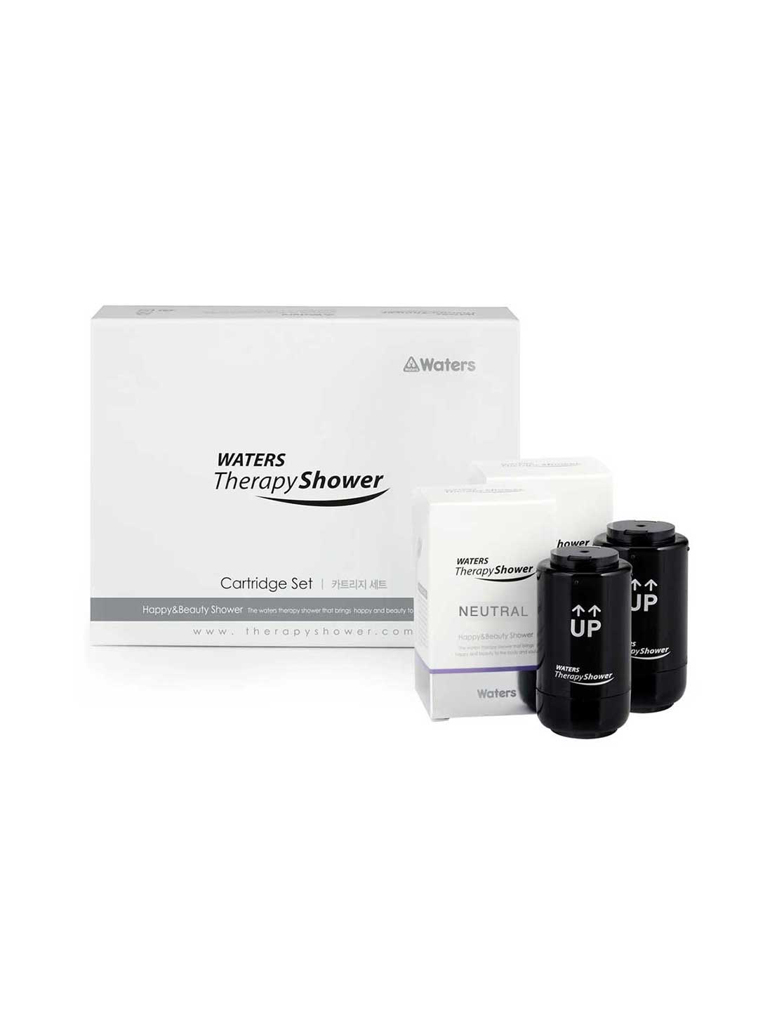 Waters Therapy Shower cartridge set with a white product box, a neutral scented cartridge box, and two black cartridge units on a white background.