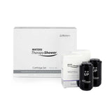 Waters Therapy Shower cartridge set with a white product box, a neutral scented cartridge box, and two black cartridge units on a white background.