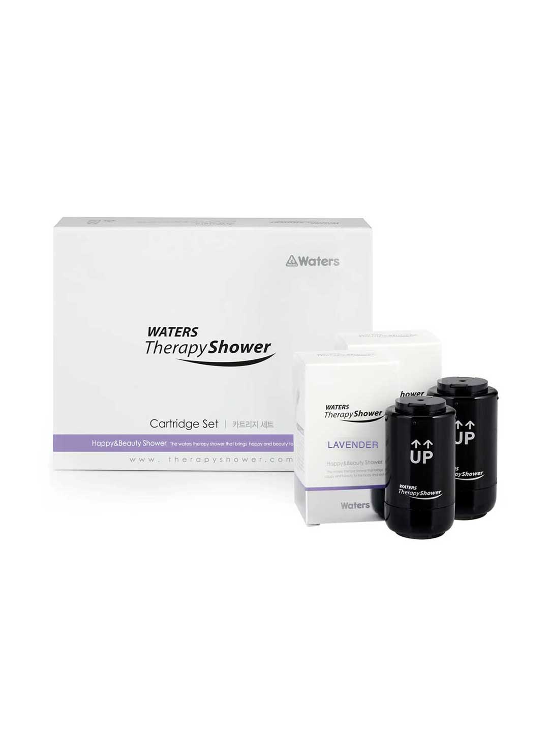 Waters Therapy Shower cartridge set with a white product box, a lavender-scented cartridge box, and two black cartridge units on a white background.