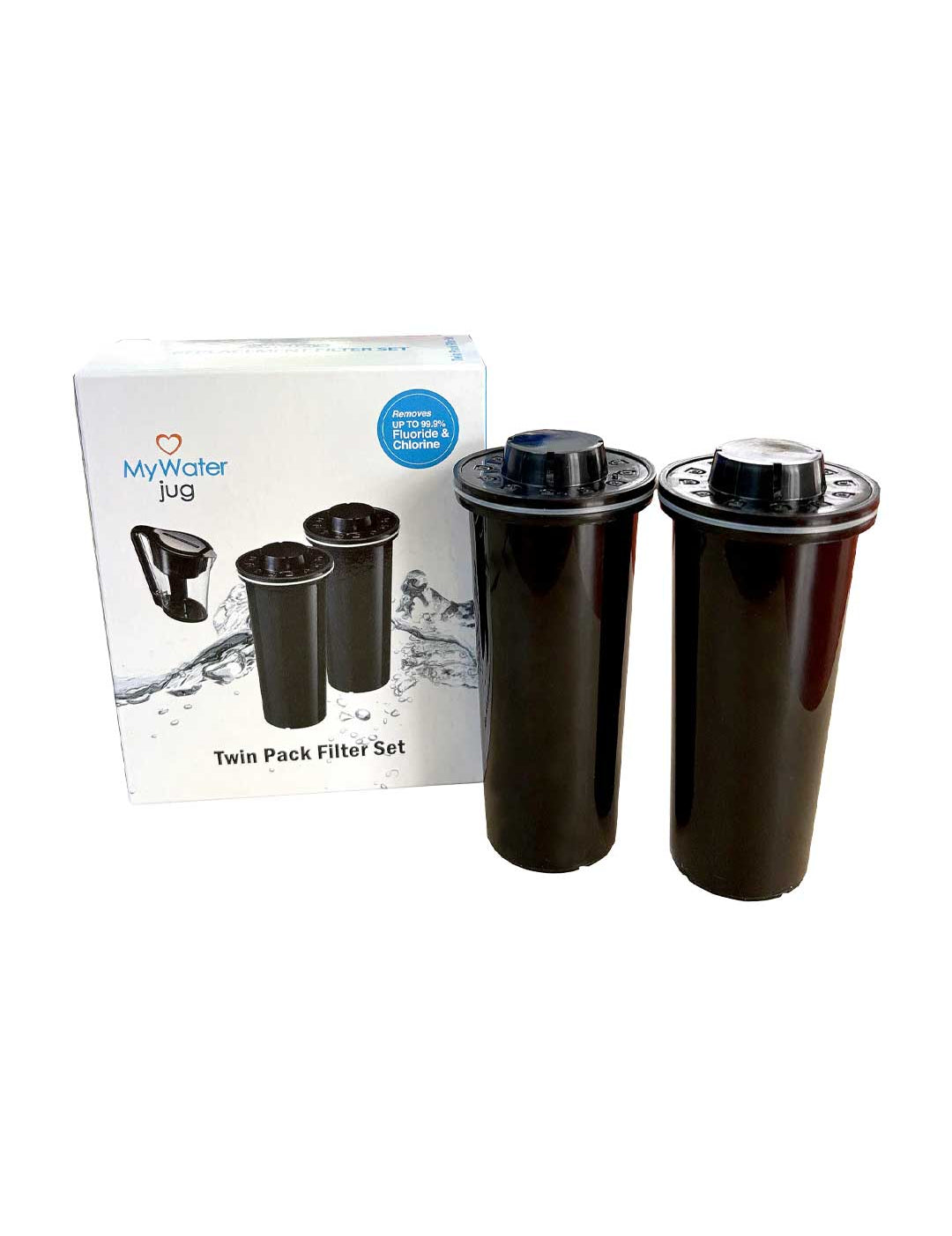Two black MyWater jug twin pack filter cartridges standing next to their white retail box on a plain white background.