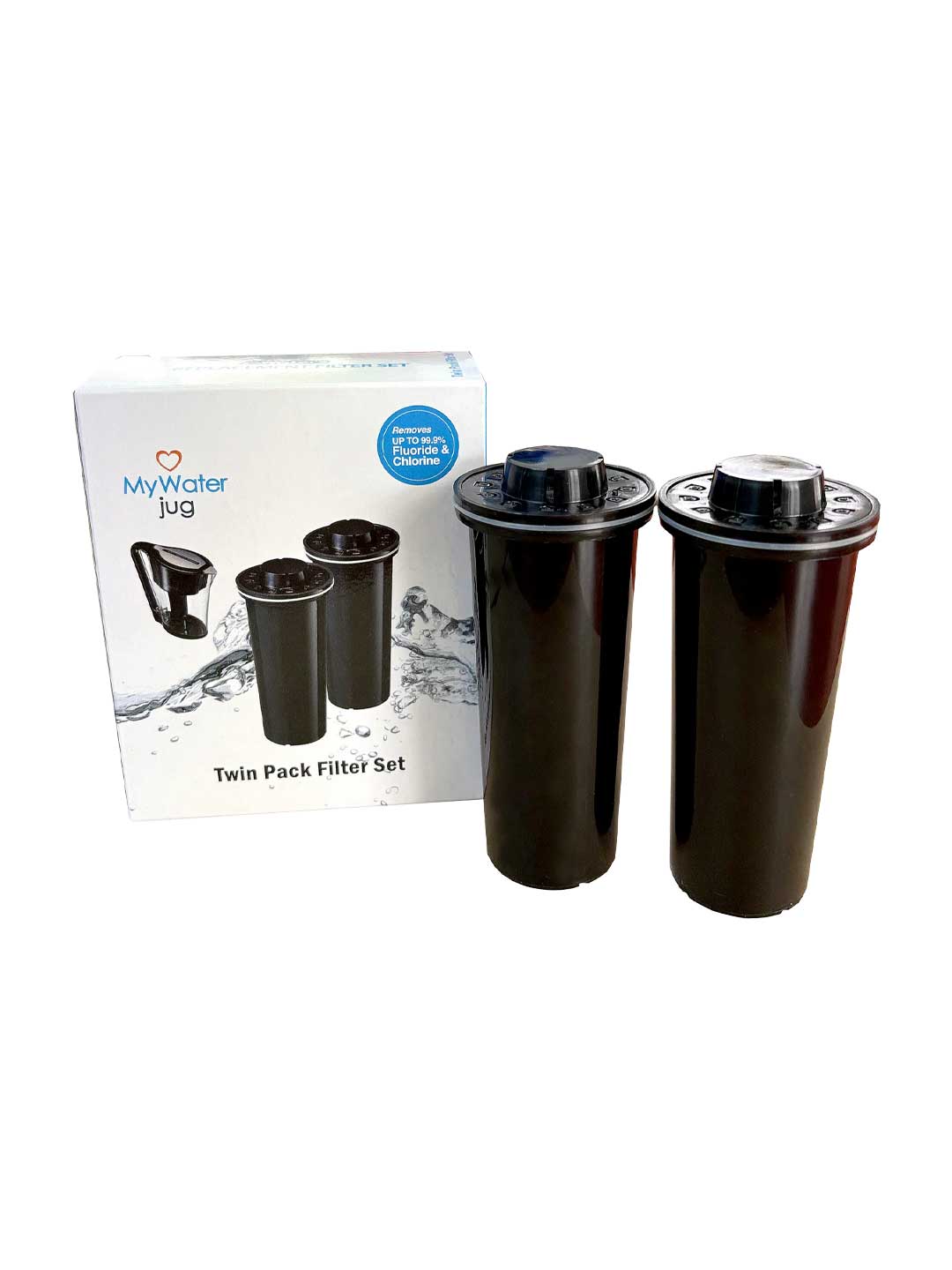 Two black MyWater jug twin pack filter cartridges standing next to their white retail box on a plain white background.