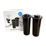Two black MyWater jug twin pack filter cartridges standing next to their white retail box on a plain white background.