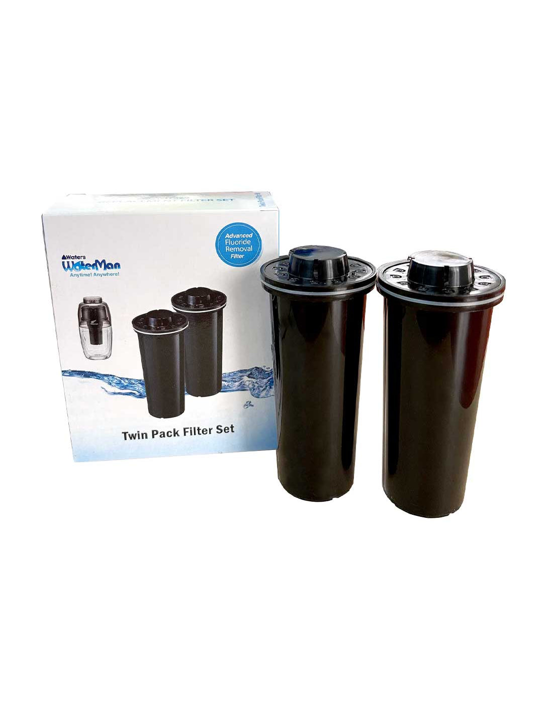 The Waters Co Waterman Black Twin Pack with two black replacement filter cartridges for the Waterman 600ml portable filter.