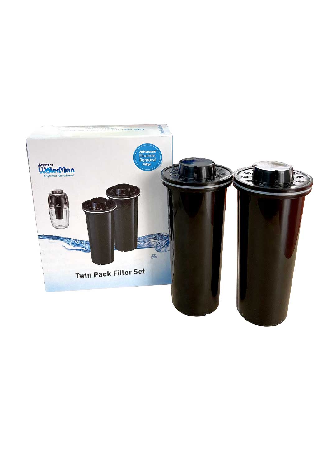 The Waters Co Waterman Black Twin Pack with two black replacement filter cartridges for the Waterman 600ml portable filter.