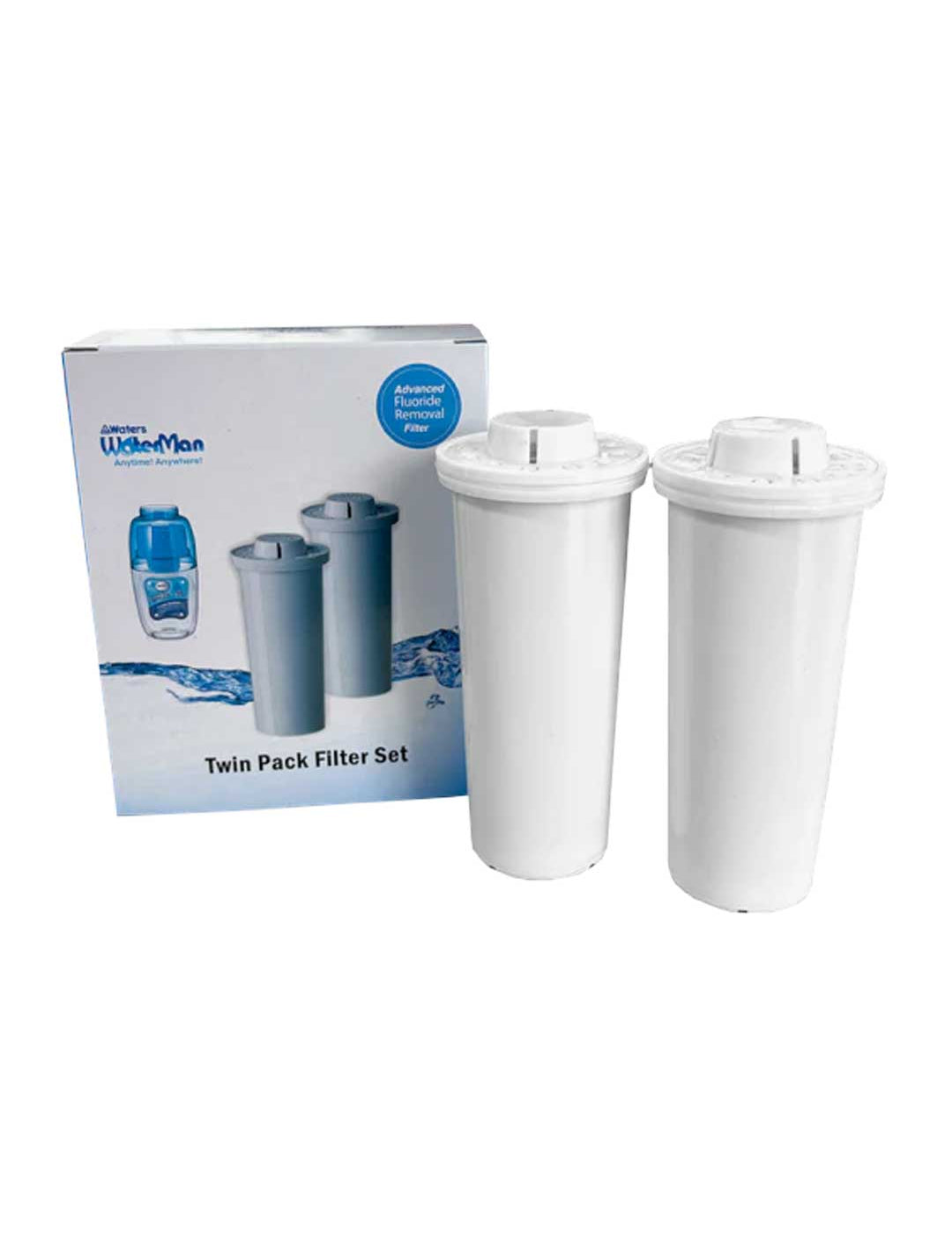 A twin pack of white WaterMan replacement filter cartridges standing next to their white and blue retail packaging box on a plain white background.