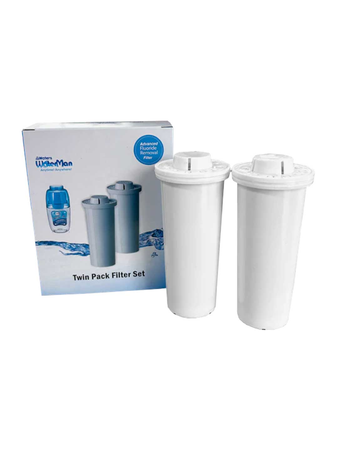 A twin pack of white WaterMan replacement filter cartridges standing next to their white and blue retail packaging box on a plain white background.