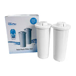 A twin pack of white WaterMan replacement filter cartridges standing next to their white and blue retail packaging box on a plain white background.
