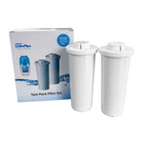A twin pack of white WaterMan replacement filter cartridges standing next to their white and blue retail packaging box on a plain white background.
