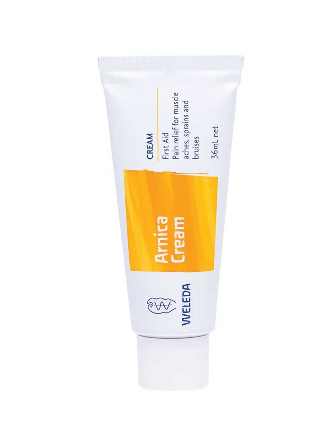 Weleda Arnica Cream 36ml comes in a white tube with a yellow label, offering first aid for sprains, bruise healing, and muscle ache relief.