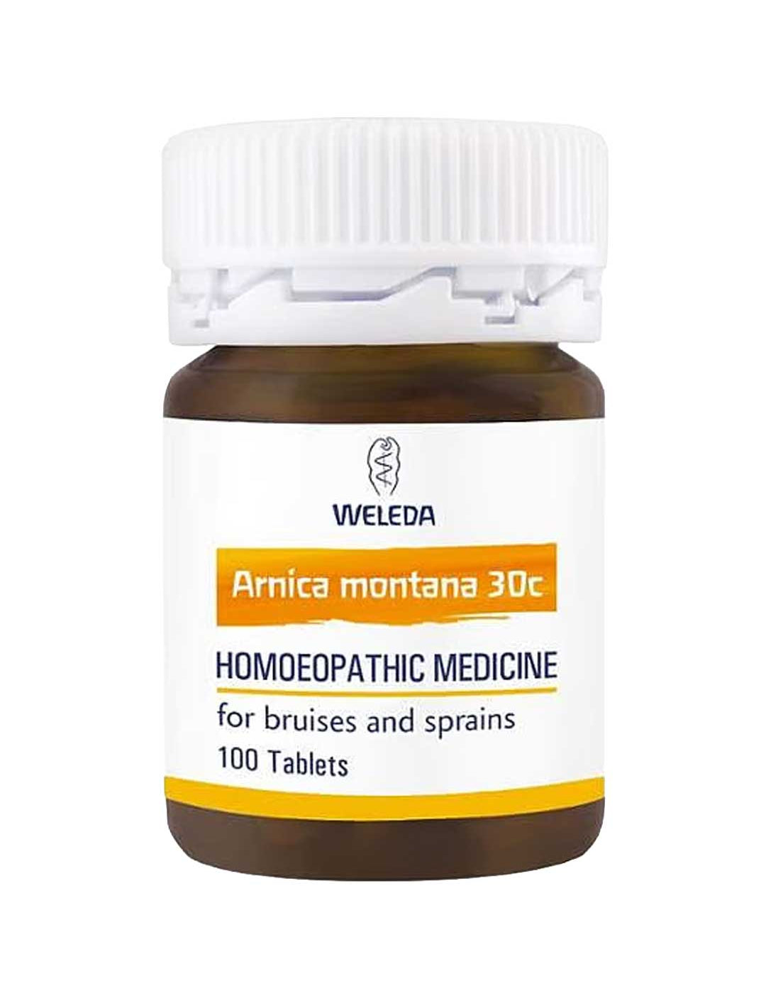 Weleda Arnica Montana 30c 100 Tablets come in a brown bottle with a white cap and a white-yellow label, designed for bruising relief and sprains.