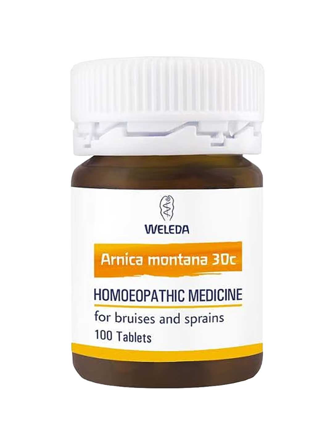Weleda Arnica Montana 30c 100 Tablets come in a brown bottle with a white cap and a white-yellow label, designed for bruising relief and sprains.