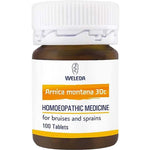 Weleda Arnica Montana 30c 100 Tablets come in a brown bottle with a white cap and a white-yellow label, designed for bruising relief and sprains.