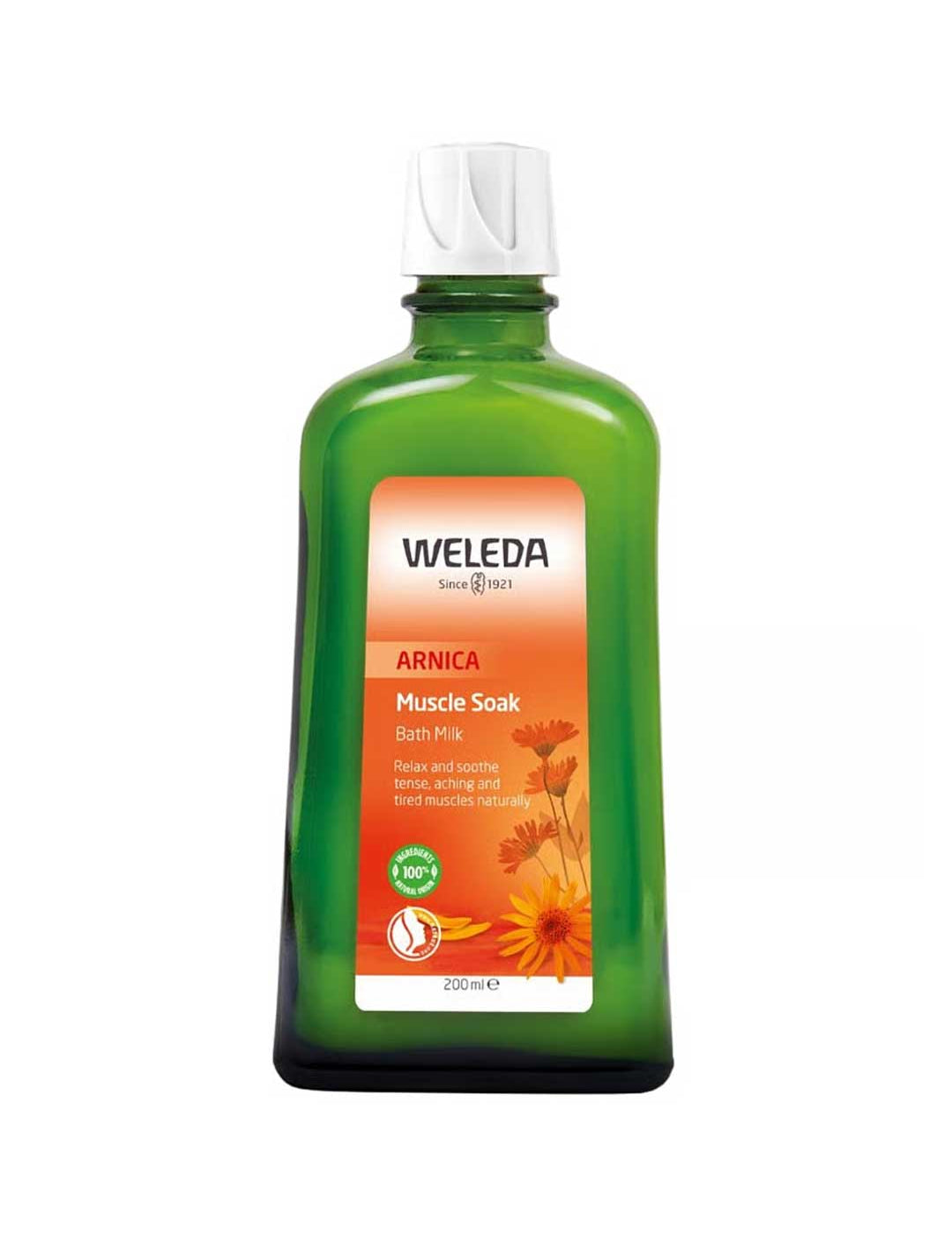 The Weleda Arnica Muscle Soak Bath Milk 200ml comes in a green bottle with an orange label featuring marigold flowers and is described as a natural bath milk to relax, soothe tired muscles, and support muscle recovery.