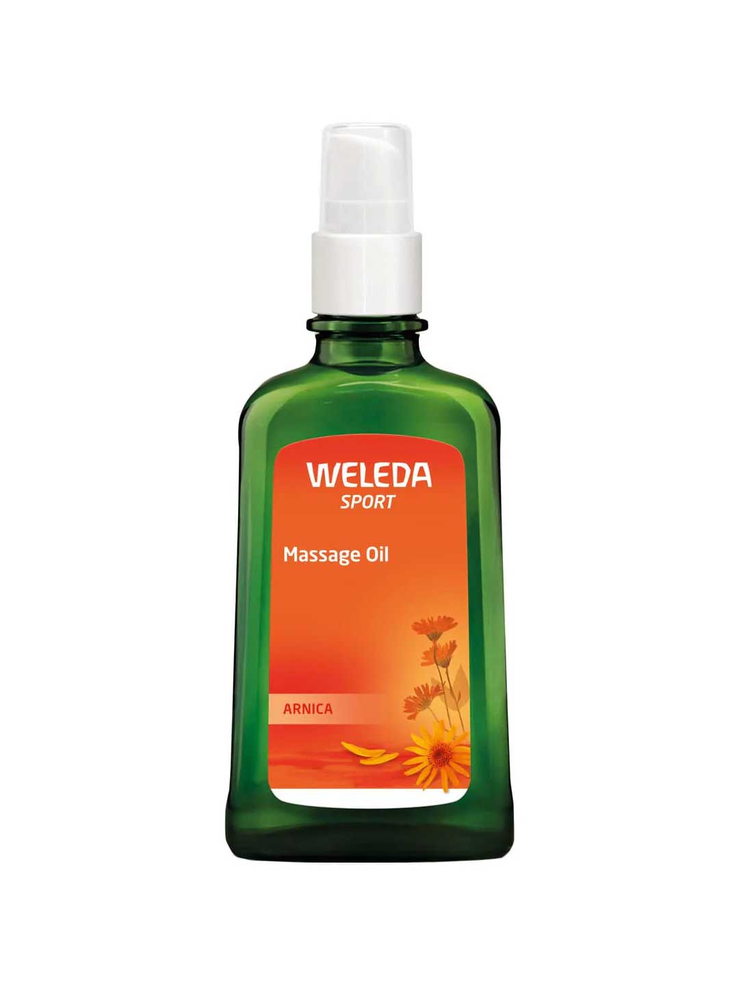A 100ml green glass bottle of Weleda Arnica Sport Massage Oil with a white pump and an orange label—ideal as a warming body oil to soothe muscles after exercise.