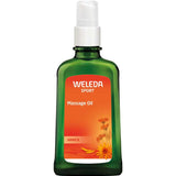A 100ml green glass bottle of Weleda Arnica Sport Massage Oil with a white pump and an orange label—ideal as a warming body oil to soothe muscles after exercise.