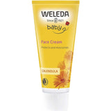 A yellow tube of Weleda Calendula Baby Face Cream with the brand logo, a calendula flower illustration, and "Protects and moisturizes" text displayed on a white background.